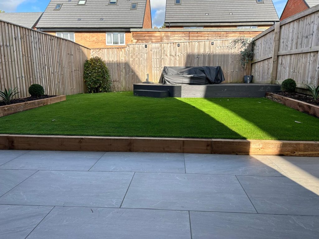 Porcelain Patio & Artificial Grass with Sleeper Step - photo 1